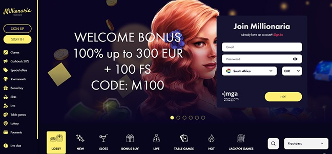 Millionaria Casino - Deposit Match Bonus with Free Spins