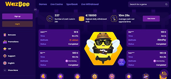 WazBee Casino - Match Bonus Cash Bonus